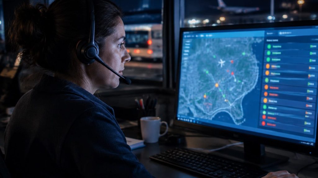Opératrice de nuit qui surveille les vols et alerte les VTC